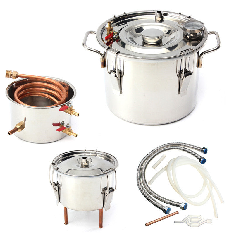 Stainless Steel DIY Alcohol Distiller Kit with Copper Cooling Coil for Moonshine 10L 2Gal